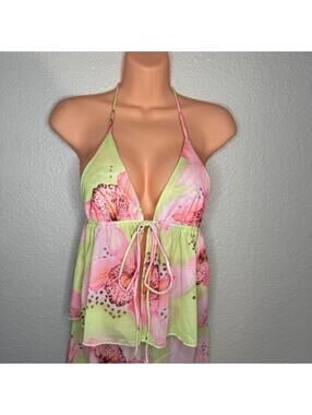 New Green and pink floral print halter top and mini skirt set